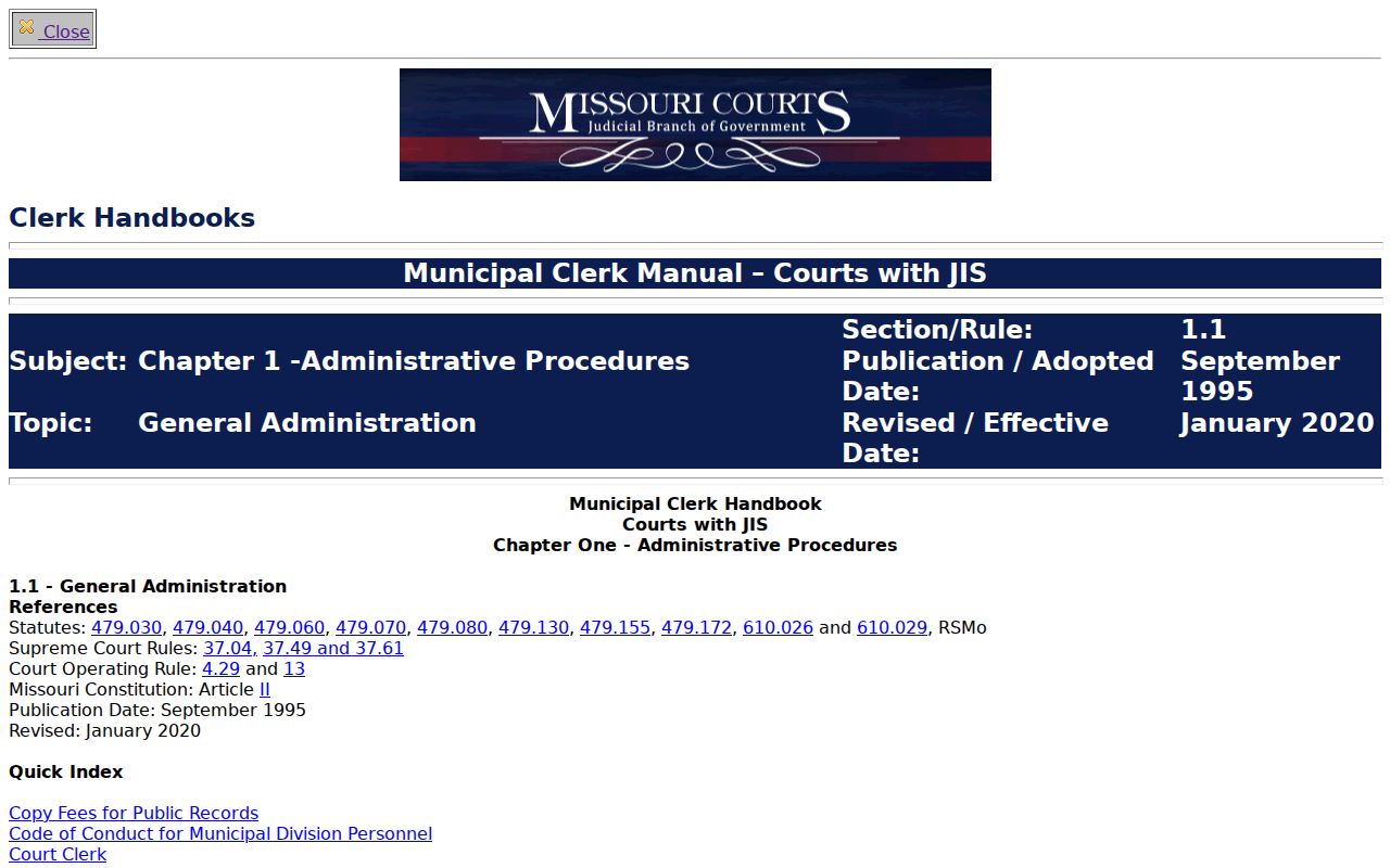 Monroe County court calendar reference from the Missouri municipal calendar rule