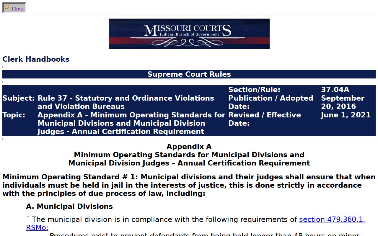 Monroe County court calendar context from Missouri municipal-division operating standards